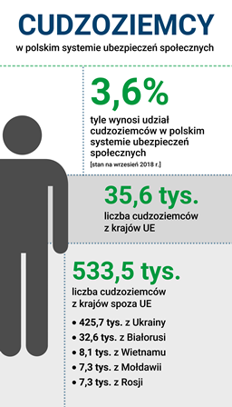 infografika cudzoziemcy w polskim systemie ubezpieczeń społecznych, 3,6% udział cudzoziemców w polskim systemie ubezpieczeń społecznych