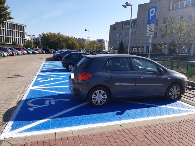 Zdjęcie prezentuje pięć miejsc parkingowych przeznaczonych dla osób z niepełnosprawnościami. Koperty zlokalizowane są po lewej i prawej stronie przy głównym wejściu do budynku. na pierwszym miejscu zaparkowany samochód.