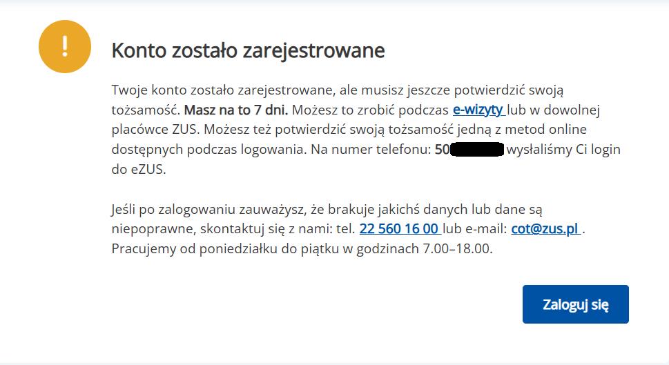 plansza konto zostało zarejestrowane