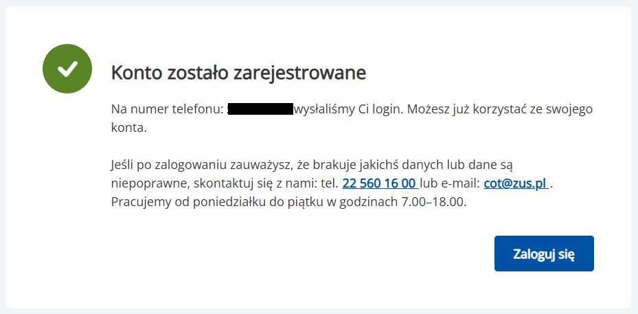 plansza informacyjna po zarejestrowaniu konta