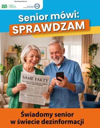 plakat Dzień Seniora w ZUS - mężczyzna z telefonem, kobieta trzyma otwarta gazete z tytułem Same fakty