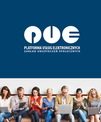 góra - biały napis na granatowym tle: PUE Platforma Uśług elektornicznych, pod spodem siedża ludzie z laptopami