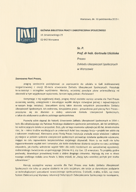 List gratulacyjny dyrektora Głównej Biblioteki Pracy i Zabezpieczenia Społecznego, Justyny Garbarczyk - link do pliku pdf (skan)