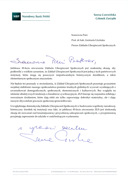 List gratulacyjny członka zarządu NBP, Teresy Czerwińskiej z okazji 85-lecia ZUS - link do pliku pdf (skan)