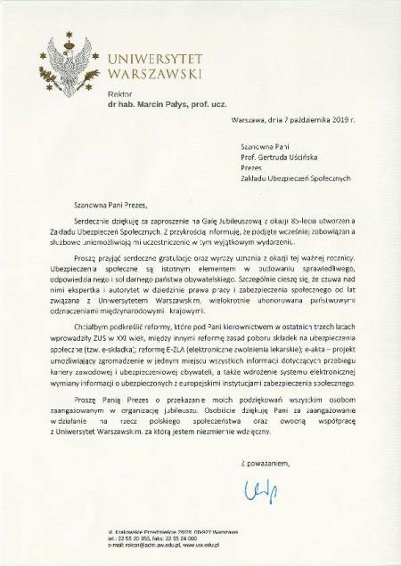 list gratulacyjny rektora UW z okazji 85-lecia ZUS - link do pliku pdf (skan)