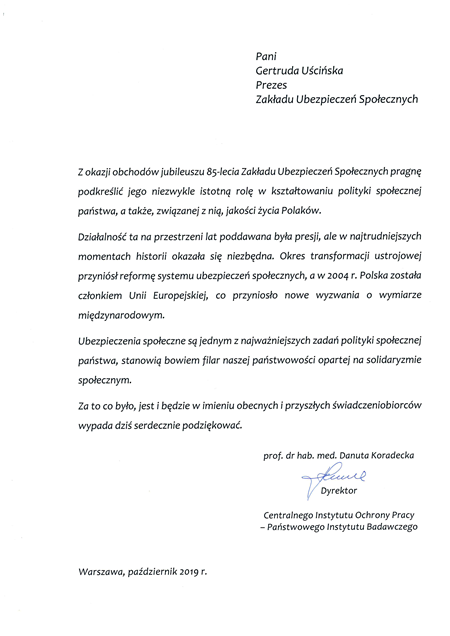 list gratulacyjny dyrektor CIOP - PIB z okazji 85-lecia ZUS - link do pliku pdf skan