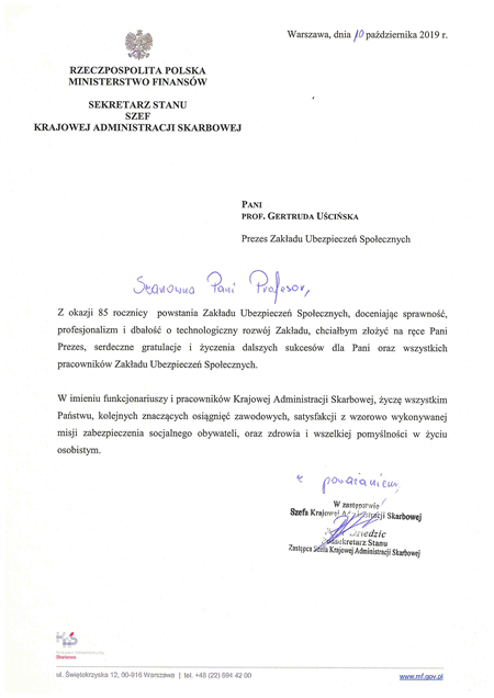 list gratulacyjny szefa KAS z okazji 85-lecia ZUS - link do pliku pdf skan
