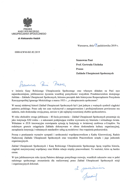 list gratulacyjny prezes KRUS z okazji 85-lecia ZUS - link do pliku pdf skan