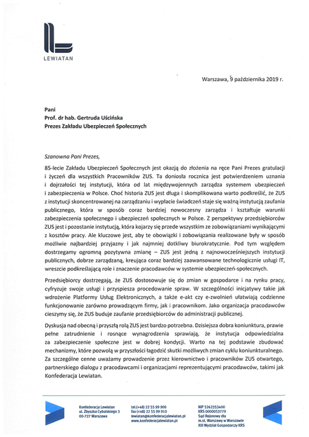 list gratulacyjny prezydenta konfederacji lewiatan z okazji 85-lecia zus- link do pliku pdf skan