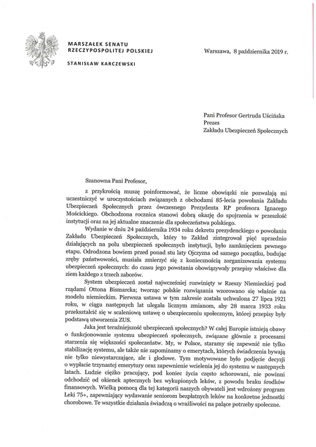 list marszałka Sejmu w okazji 85-lecia zus - link do pliku pdf skan