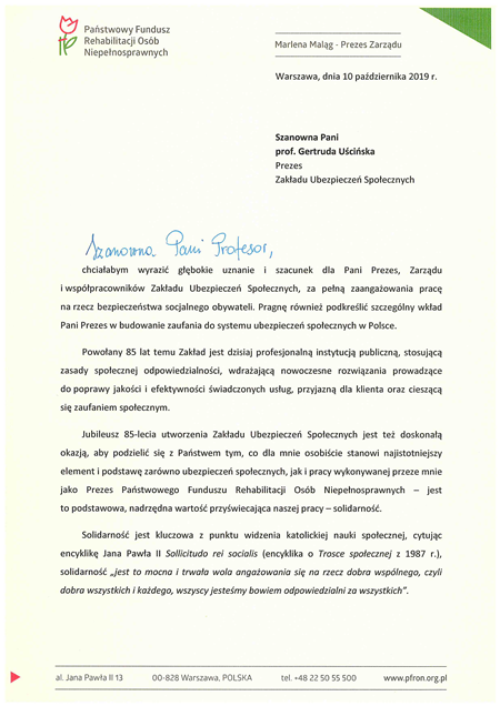 list gratulacyjny prezes PFRON z okazji 85-lecia zus - link do pliku pdf skan
