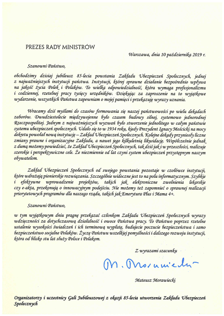 list gratulacyjny prezesa rady ministrów, Mateusza Morawieckiego z okazji 85-lecia ZUS - link do pliku pdf skan