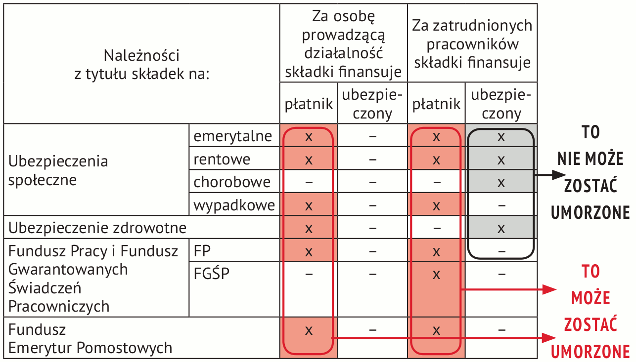 Należności podlegające umorzeniu jako nieściągalne. Umorzeniu podlegają należności: na Twoje własne ubezpieczenia społeczne i zdrowotne, na ubezpieczenia społeczne Twoich pracowników w części finansowanej przez Ciebie jako płatnika składek, na Fundusz Pracy oraz Fundusz Gwarantowanych Świadczeń Pracowniczych w całości, na Fundusz Emerytur Pomostowych w całości, z tytułu kosztów upomnienia i opłaty dodatkowej. Nie mogą zostać umorzone składki finansowane przez Twoich pracowników, czyli część składek na ubezpieczenia społeczne i składka na ubezpieczenie zdrowotne.