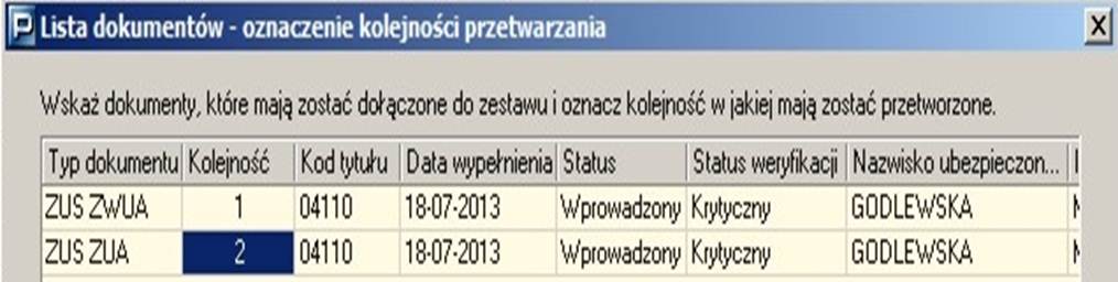 Przykład ustawiania kolejności przetwarzania dokumentów wysyłanych w jednej przesyłce.