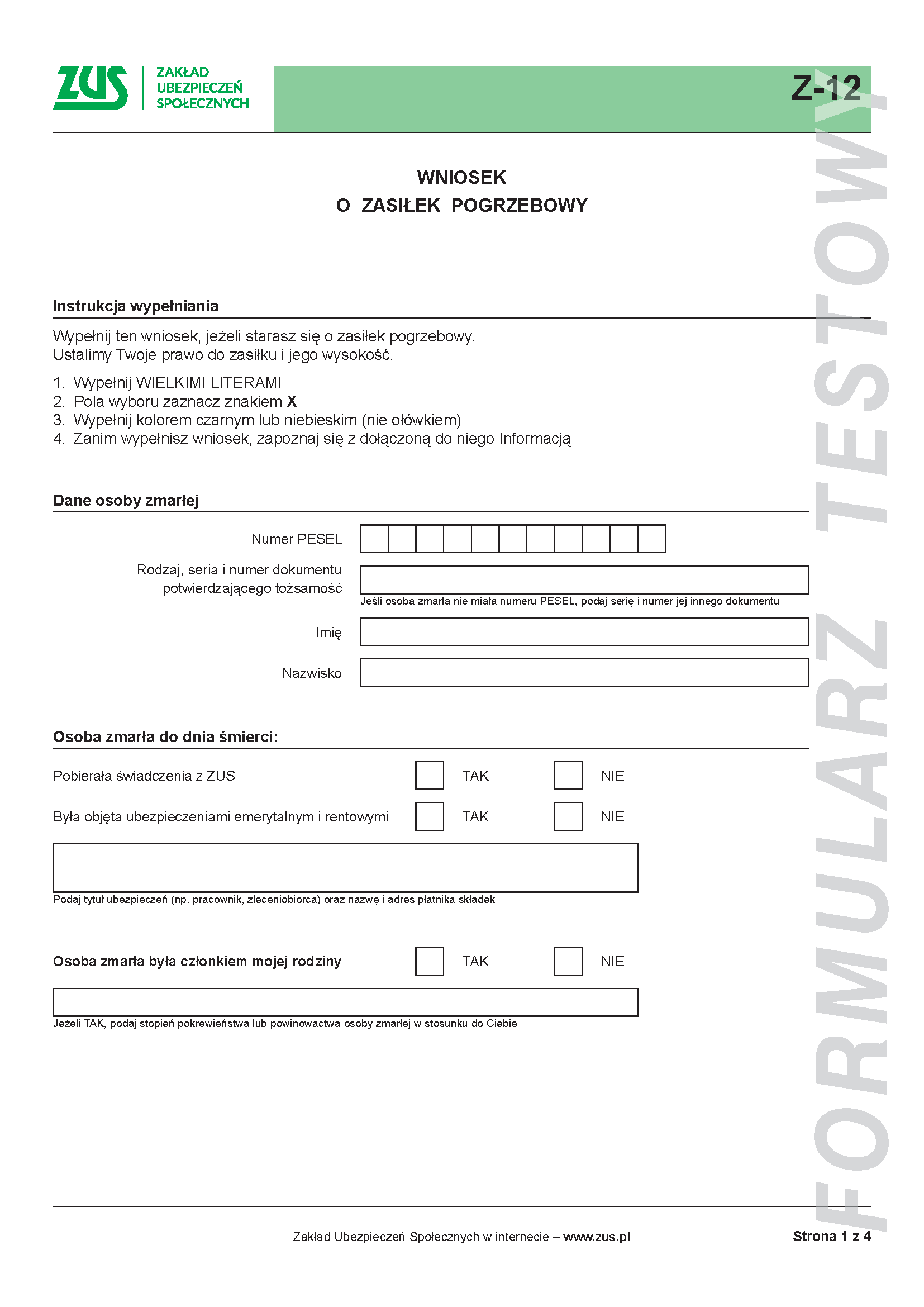Wniosek o zasiłek pogrzebowy - uproszczony formularz testowy