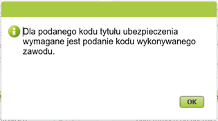 Komunikat mówiący o konieczności wypełnienia kodu wykonywanego zawodu