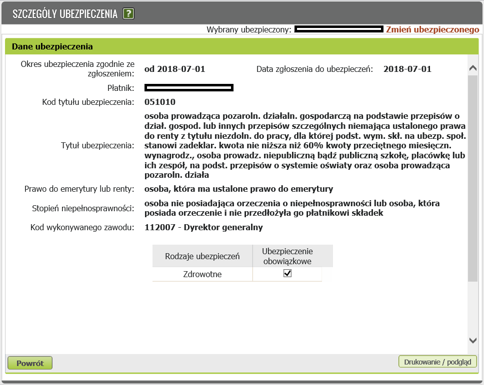 Dane uzbezpieczenia z informacją na temat kodu zawodu
